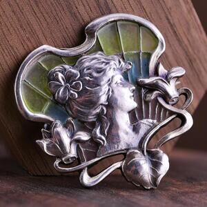 Antique Art Nouveau Meyle & Mayer Silver & Plique-à-Jour Enamel Maiden Brooch